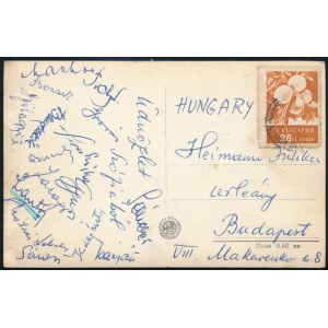 1957 A Magyar Labdarúgó Válogatott tagjainak képeslapja haza, Szófiából, a Bulgária: Magyarország (1:2) mérkőzésről...