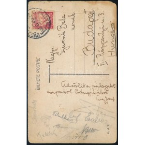 1933. jan. 29 Magyar labdarugó válogatott tagjainak autográf aláírása lisszaboni képelapon, Portugália-Magyarország (1...