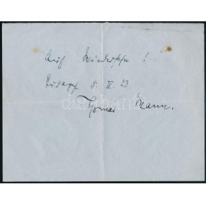 1923 Thomas Mann (1875-1955) német író autográf aláírása és üdvözlő sorai papírlapon. Proveniencia...