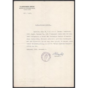 1945 Rónai András (1906-1991) földrajztudós, geológus, Államtudományi Intézet igazgatójának aláírása egy igazoláson, Dr...