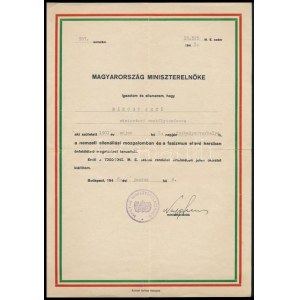 1946 Nagy Ferenc (1903-1979) miniszterelnök által aláírt igazolás