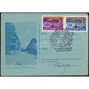 1962 Jurij Alekszejevics Gagarin (1934-1968) szovjet űrhajós autográf aláírása borítékon alkalmi bélyegzéssel...