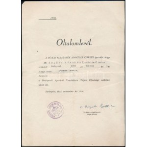1944 A Budapesti Apostoli Nunciatúra által kibocsátott zsidó személynek szóló oltalomlevél, Gerő Zsófia (1895-1966)...