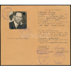 1944 Fényképes kitöltött igazolvány megkülönböztető jelzés viselésére kötelezett zsidó személy részére, Balog Imre...