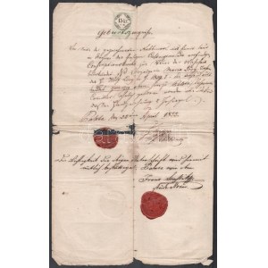 1855 Várpalota, születési anyakönyvi kivonat, német nyelven, okmánybélyeggel, viaszpecsétekkel, az egyik sérült...