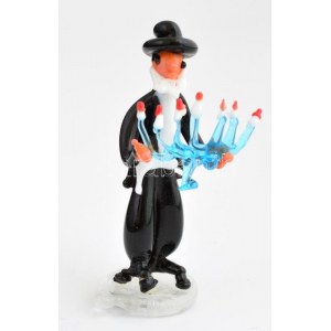 Schneider Tibor (1941-): Rabbi menórával. Miniatűr üvegszobor. Hibátlan...