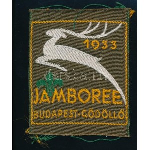 1933 Jamboree Budapest-Gödöllő feliratú díszes vászon felvarró, fehér csodaszarvassal, zöld liliommal, 7×5,5 cm ...