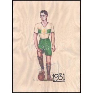 1931 Cserkész focista, akvarell, papír, hullámos, Pintér jelzéssel, 39×29 cm