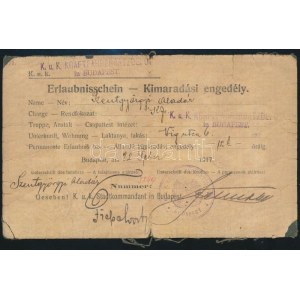 1917 Kimaradási engedély k.u.k. katona részére. / Erlaubnisschein