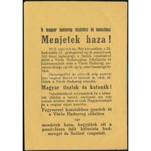 1945.I.7. A magyar hadsereg tisztjeihez és katonáihoz. Menjetek haza! II. világháborús szovjet röplap...