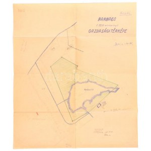1946 Barbacs gazdasági térképe, 1:7200, rajta a Barbacsi tóval, nyomtatott térkép, kézzel színezett, rajzolt részekkel...