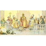 1916 A király esküje, Színes litográfia. Díszes műlap IV. Károly király, Zita királyné és Ottó trónörökös arcképével...