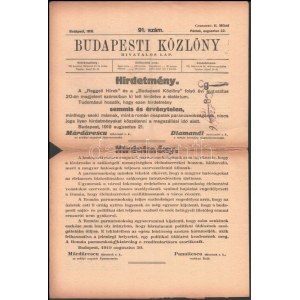 1919 Budapesti Közlöny 1919. aug. 22., román cenzurával, a címlapon a román csapatok hirdetményeivel, Bp., Athenaeum...