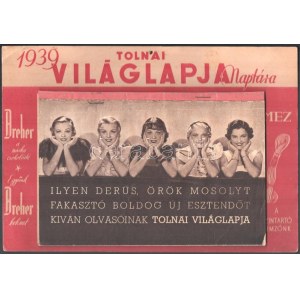 1939 Tolnai Világlapja Naptára, laponkénti külön reklámos naptár, kartonon, falra akasztható, jó állapotban...