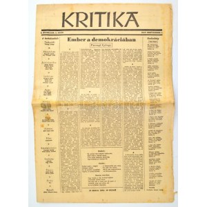 1945 Kritika. I. évf. 1. sz., 1945. szept. 1. Szerk.: Korondi Mária. Bp., Hungária, kissé foltos, kissé szakadt, 12 p...