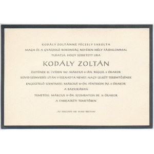 1967. március. 9 Kodály Zoltán (1882-1967) háromszoros Kossuth-díjas magyar zeneszerző, zenetudós...
