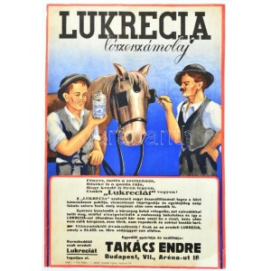 cca 1920-1930 Lukrecia Lószerszámolaj, színes litografált reklám plakát, kiadta: Takács Endre, Újpest, Attila-nyomda...