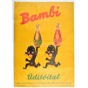 cca 1950 Bambi üdítőital reklámplakát, F.K.: Csukási Gartner Károly, Bp.,Nyitrai Sándor-ny., foltos, gyűrődés nyommal...