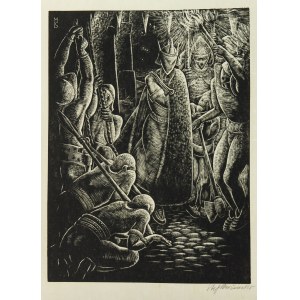 Stefan Mrożewski (1894 Częstochowa –1975 w Walnut Creek), Niewolnicy przed królem, z teki Marcel Schwob, Le Roi au masque d or. Paris, 1929