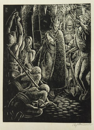 Stefan Mrożewski (1894 Częstochowa –1975 w Walnut Creek), Niewolnicy przed królem, z teki Marcel Schwob, Le Roi au masque d or. Paris, 1929