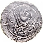 Władysław II Wygnaniec 1138-1146, Denar, Av.: Książę z mieczem i tarczą, na niej ornament, w polu odwrócona litera N i półksiężyc, Rv.: Biskup z pastorałem, biblią, i krzyżem.