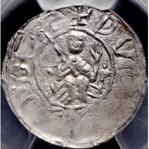 Bolesław III Krzywousty 1107-1138, Denar, Av.: Książę na tronie, napis: DVCIS BOLE, Rv.: Krzyż, napis: ...NRAIVS..