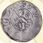 Bolesław III Krzywousty 1107-1138, Denar, Av.: Książę na tronie, napis: DVCIS BOLE, Rv.: Krzyż, napis: ...NRAIVS..