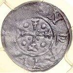 Bolesław III Krzywousty 1107-1138, Denar, Av.: Książę na tronie, napis: DVCIS BOLE, Rv.: Krzyż, napis: ...NRAIVS..