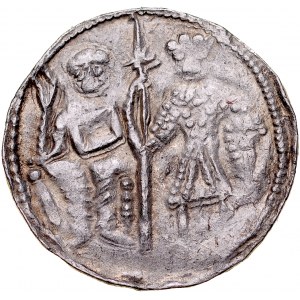 Bolesław III Krzywousty 1107-1138, Denar, Av.: Książę i Św. Wojciech, Rv.: Krzyż, między ramionami kropki, napis.