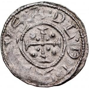 Bolesław III Krzywousty 1107-1138, Denar, Av.: Książę i Św. Wojciech, Rv.: Krzyż, między ramionami kropki, napis.