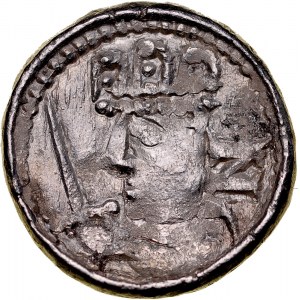 Bolesław Śmiały 1058-1079, Denar, typ królewski, Av.: Popiersie króla z mieczem, za nim litera Z, Rv.: Trójkopułowa budowla.