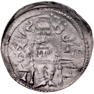 Bolesław IV Kędzierzawy 1146-1173, Denar, Av.: Książę z mieczem w majestacie, Rv.: Głowa św. Wojciecha.