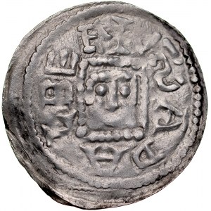 Bolesław IV Kędzierzawy 1146-1173, Denar, Av.: Książę z mieczem w majestacie, Rv.: Głowa św. Wojciecha.