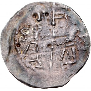 Ks. Opolsko-Raciborskie, Bolesław Wysoki 1177-1195, Denar, Av.: Dwie postacie z chorągwią, litera S, Rv.: Krzyż perełkowy, między jego ramionami napis: BOLE.