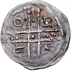 Ks. Opolsko-Raciborskie, Bolesław Wysoki 1177-1195, Denar, Av.: Dwie postacie z chorągwią, litera S, Rv.: Krzyż perełkowy, między jego ramionami napis: BOLE.