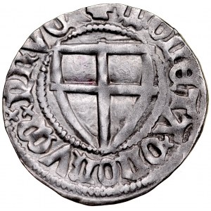 Konrad von Jungingen 1393-1407, Szeląg, Av.: Tarcza wielkiego mistrza, Rv.: Tarcza krzyżacka.