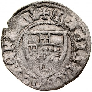 Herman Gans 1413-1414, Szeląg, Gdańsk, Av.: Tarcza wielkiego mistrza, Rv.: Tarcza krzyżacka, nad nią litera D. RRR.