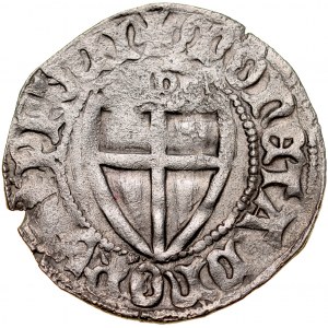Herman Gans 1413-1414, Szeląg, Gdańsk, Av.: Tarcza wielkiego mistrza, Rv.: Tarcza krzyżacka, nad nią litera D. RRR.