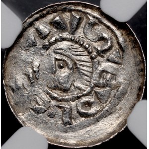Bolesław Śmiały 1058-1079, Denar, typ książęcy, Av.: Mała głowa i napis otokowy, Rv.: Książe z włócznią na koniu, w polu litery S