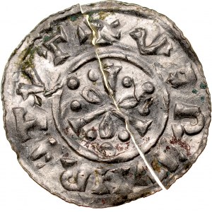 Bolesław Chrobry 1003-1004, Denar, Av.: Krzyż, w 3 sferach po 3 kropki, napis. Rv.: Centralnie ornament, napis. RRR.