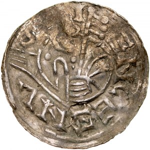 Brzetysław 1037-1055, Denar, Av.: Postać z wyciągnięta dłonią, Rv.: Krzyż.