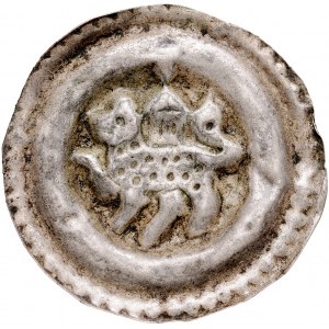 Przemysł II 1253-1278, Brakteat, Av.: Kroczący lew, na min kapliczka.