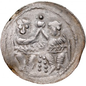 Bolesław IV Kędzierzawy 1146-1173, Denar, Av.: Książęta za stołem, Rv.: Rycerz z proporcem i tarczą.