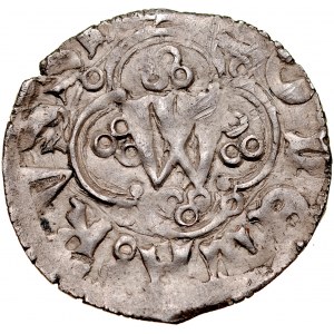 Władysław Opolczyk 1372-1379, Kwartnik ruski, Av.: Litera W w ornamencie, napis: MONETA RVSSIE Rv.: Lew, napis: MONETA RVSSIE. RRR.