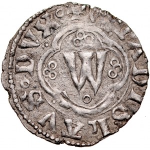 Władysław Opolczyk 1372-1379, Kwartnik ruski, Av.: Litera W w ornamencie, Rv.: Lew.