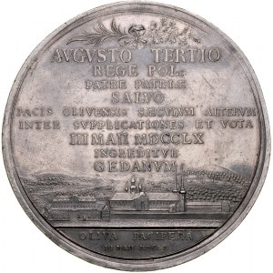 Medal autorstwa Luttera i Dubuta z 1760 roku, wybity na pamiątkę 100 rocznicy zawarcia Pokoju w Oliwie.