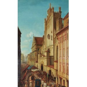 Jan Seidlitz (1832-1861), Procesja - Przed katedrą św. Jana w Warszawie [Ulica Świętojańska podczas procesji Bożego Ciała], 1861