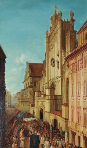 Jan Seidlitz (1832-1861), Procesja - Przed katedrą św. Jana w Warszawie [Ulica Świętojańska podczas procesji Bożego Ciała], 1861