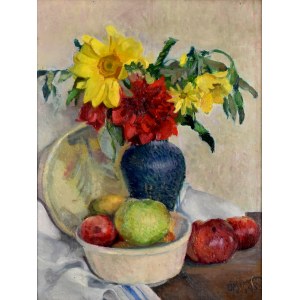 Olgierd Bierwiaczonek (1925-2002), Martwa natura z kwiatami w wazonie i owocami, 1950