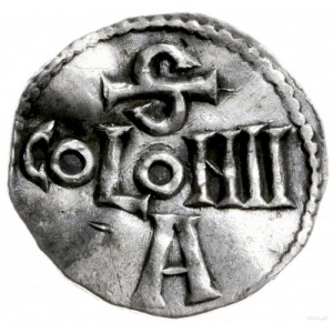 denar przed 983; Aw: Krzyż prosty z kulkami w kątach, w...